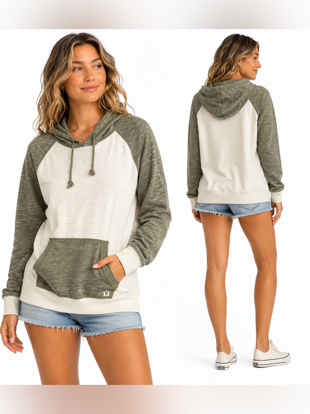 Billabong Hooded Pullover Hoodie Olive Ivory Colorblock Kangaroo Pocket M